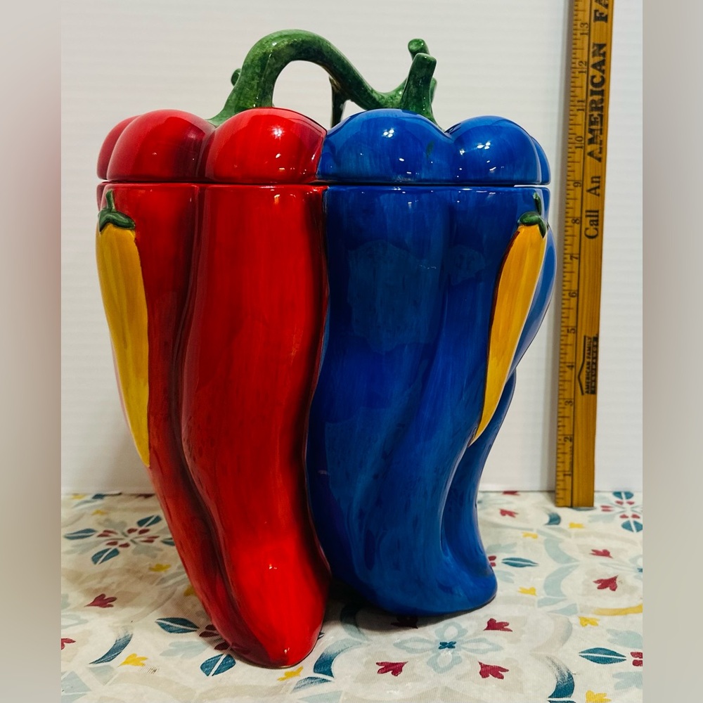 Gibson Hot Peppers Cookie Jar Red Blue Green Yellow Ceramic Huge Vintage